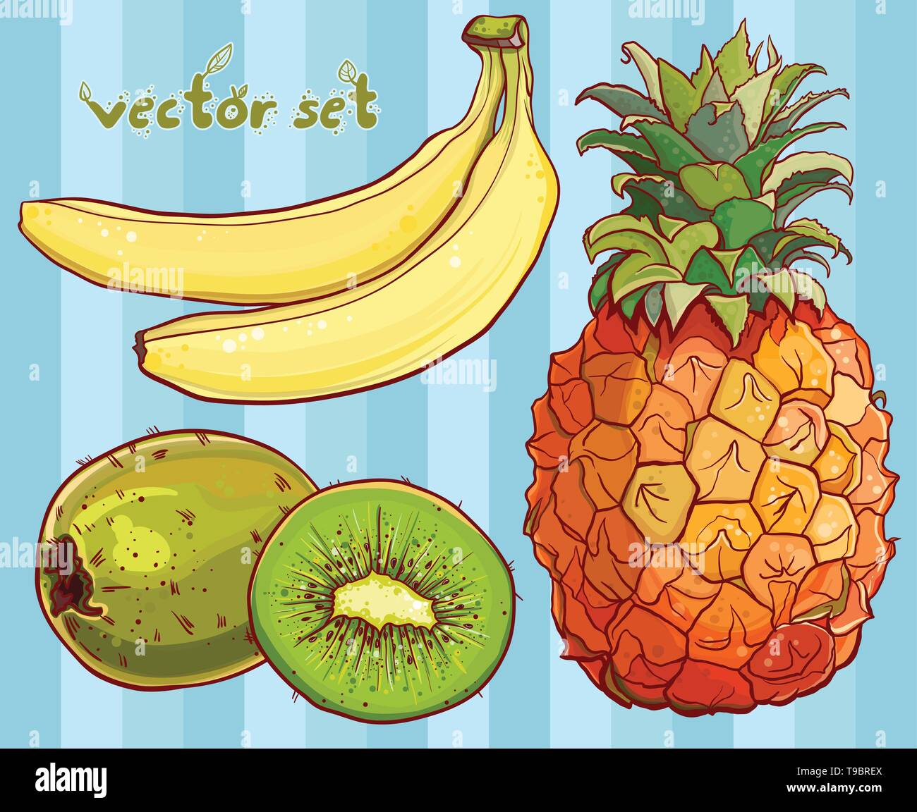 Vector Illustration mit saftigen Tropische Früchte: Bananen, Kiwi, Ananas. Single Banane, Kiwi, Ananas, Kiwi, isoliert, Farben und Umrisse d Stock Vektor