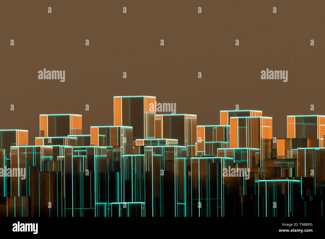 Konzeptionelle abstract Skyline mit Quadern und Kopieren. Blau und Orange. 3D-Render Abbildung. Stockfoto