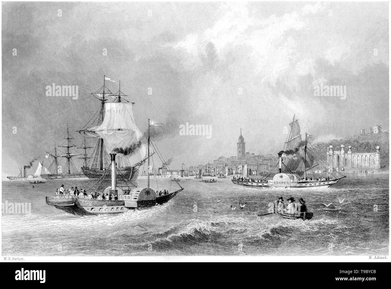 Ein Kupferstich von Gravesend vom Fluss gescannt und in hoher Auflösung aus einem Buch 1842 veröffentlicht. Glaubten copyright frei. Stockfoto