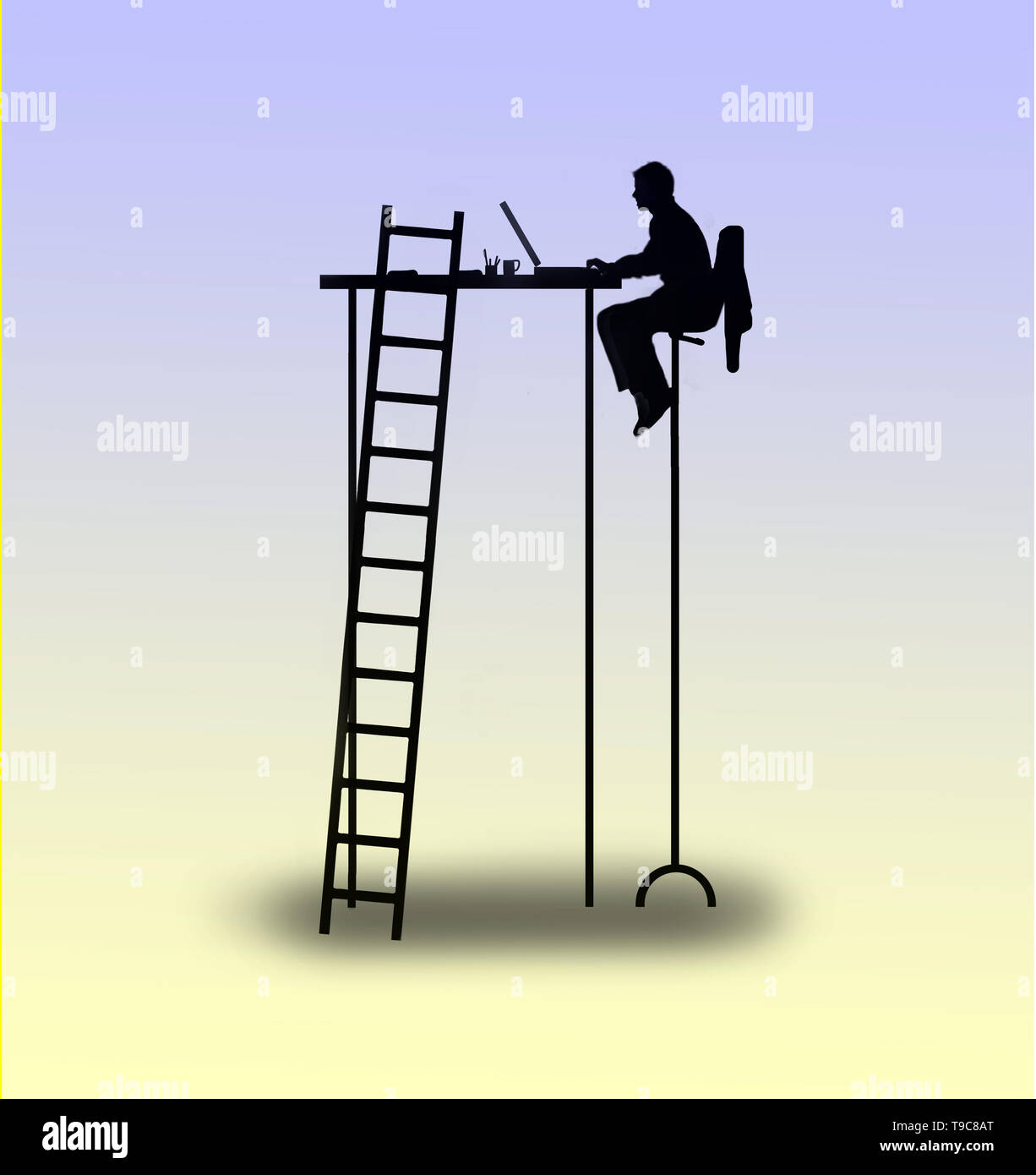 Konzept Bild eines Mannes auf einem hohen Schreibtisch mit einer Leiter lehnte sich gegen den Schreibtisch, Ehrgeiz und Erfolg. Stockfoto