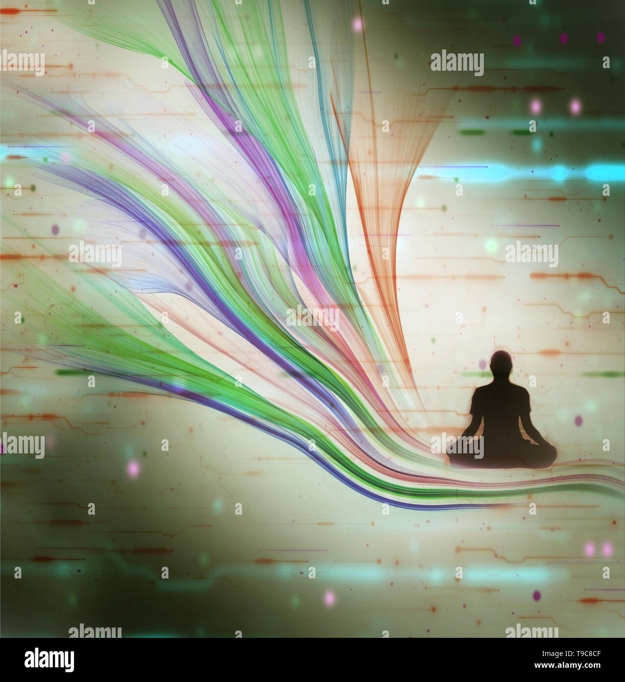 Der Mensch in der Meditation auf swirly Linien vor dem Hintergrund eines elektronisches Rauschen Stockfoto