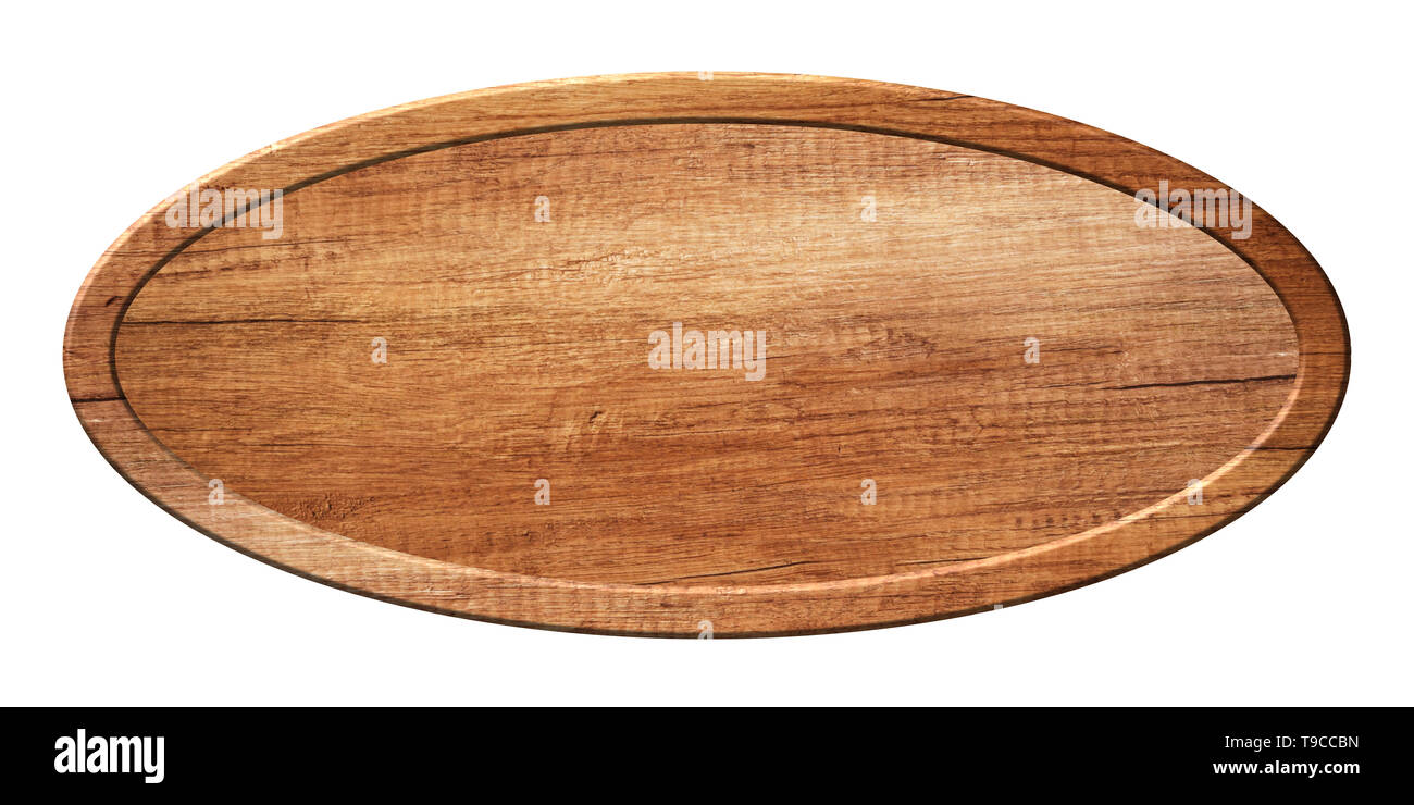 Leere oval Board aus Naturholz mit Holzrahmen. Auf weissem Hintergrund Stockfoto