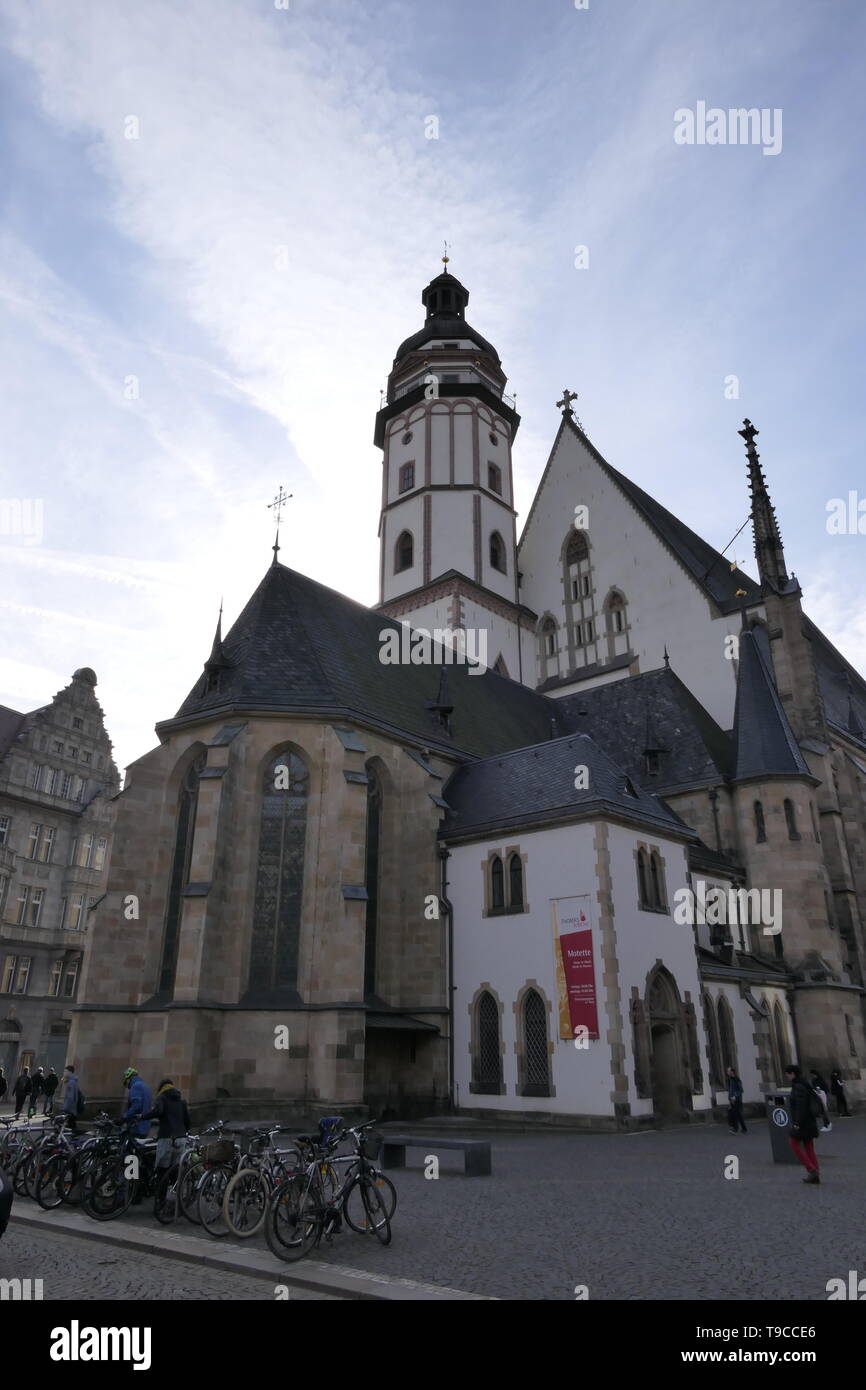 Der Blick auf die St. Thomas Kirche in Leipzig, Deutschland Stockfoto