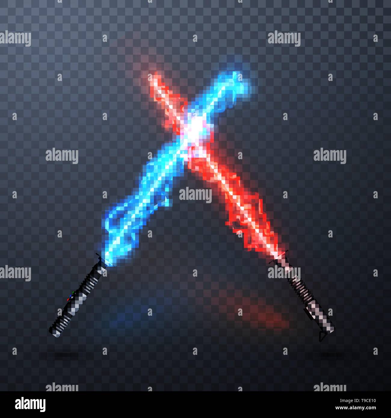 Neon elektrisches Licht Schwerter. Gekreuzt Licht Säbel auf transparentem Hintergrund isoliert. Vector Illustration. Stock Vektor