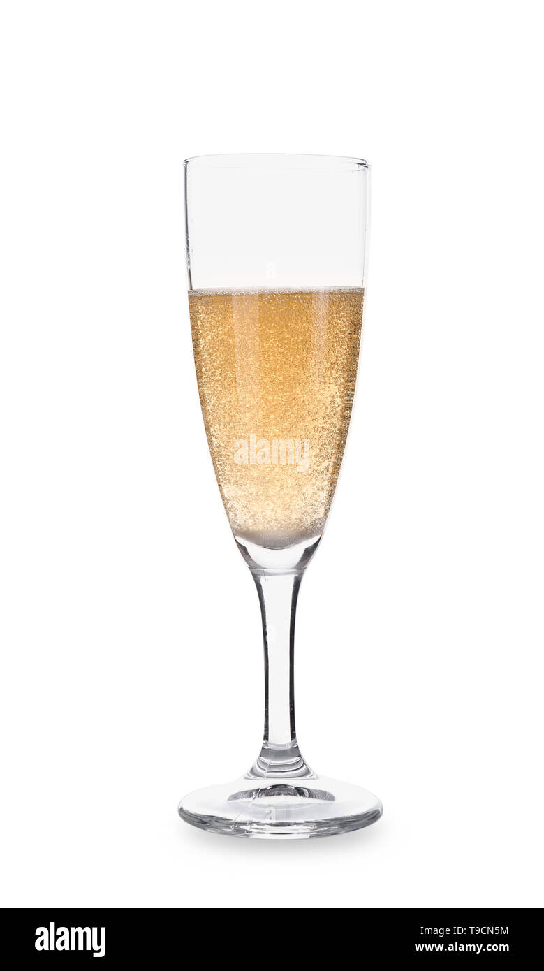 Glas Champagner auf weißem Hintergrund Stockfoto