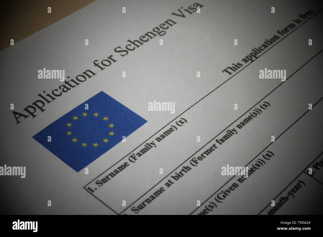 EU Schengen Visa Application Form, ein Dokument für die Einreise in die Europäische Union. Stockfoto