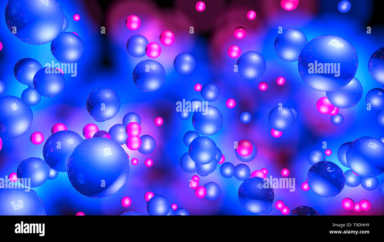 Rot und Blau drei-dimensionalen Sphären. Neon Glow. Hintergrund. 3D-Rendering Stockfoto