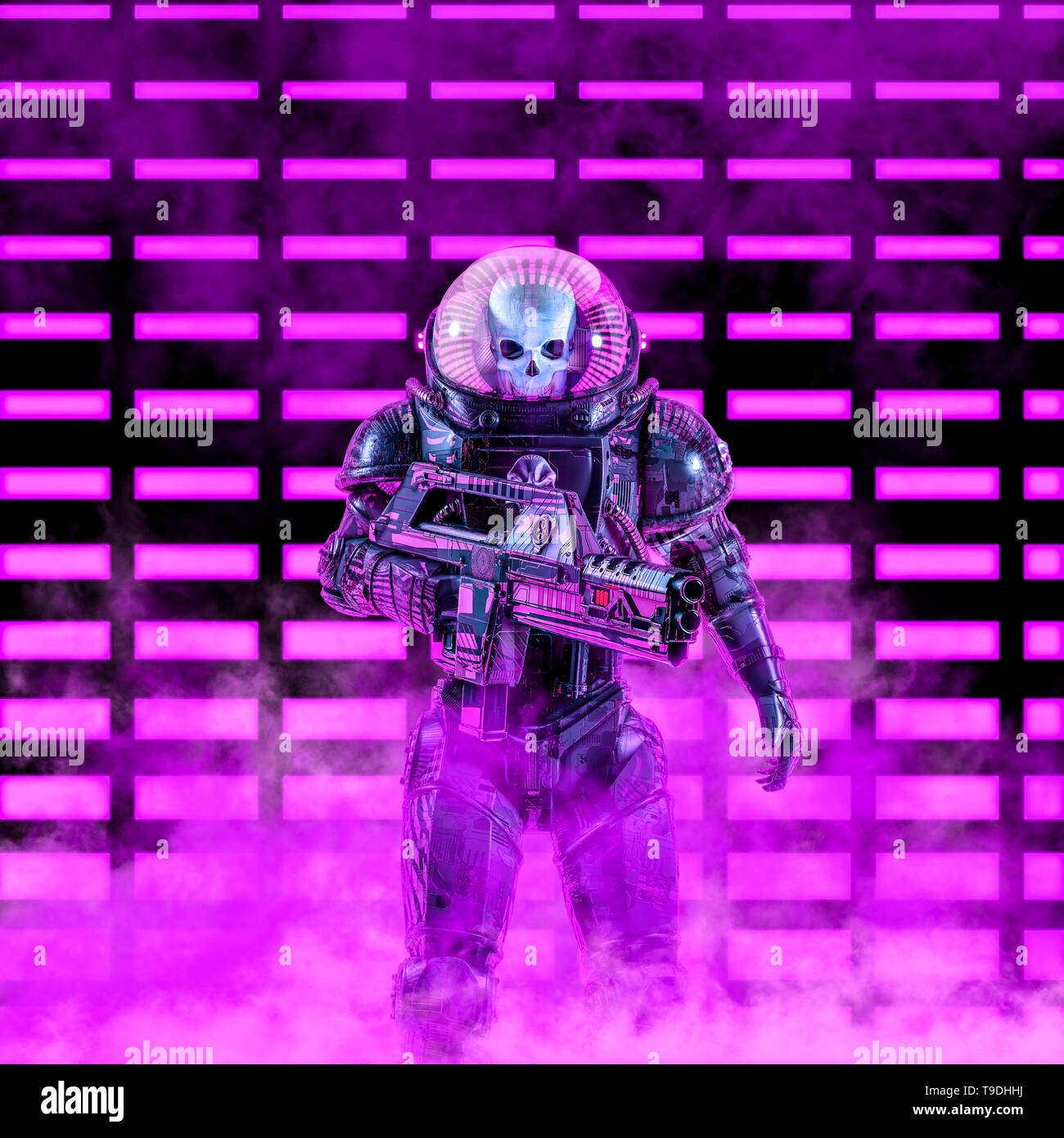 Die neon Dark Trooper/3D-Darstellung der science fiction Szene mit dem bösen Schädel konfrontiert Astronaut space Soldat holding Laser Gewehr mit Neonlicht Stockfoto