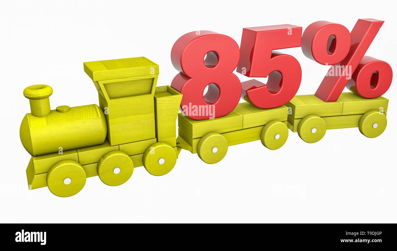 Zahlen 85 % auf eine hölzerne Spielzeugeisenbahn. Konzept der Rabatte. 3D-Rendering Stockfoto