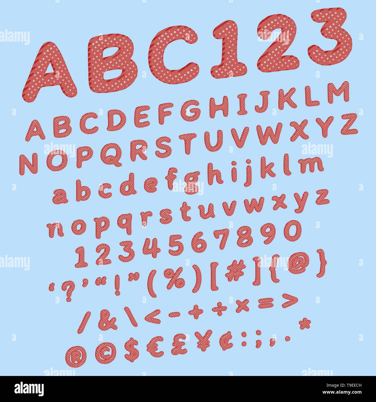 Comic Erdbeere Schriftart für Cartoon Abbildungen oder Flyer mit Tupfen und Streifen retro Elemente Stockfoto