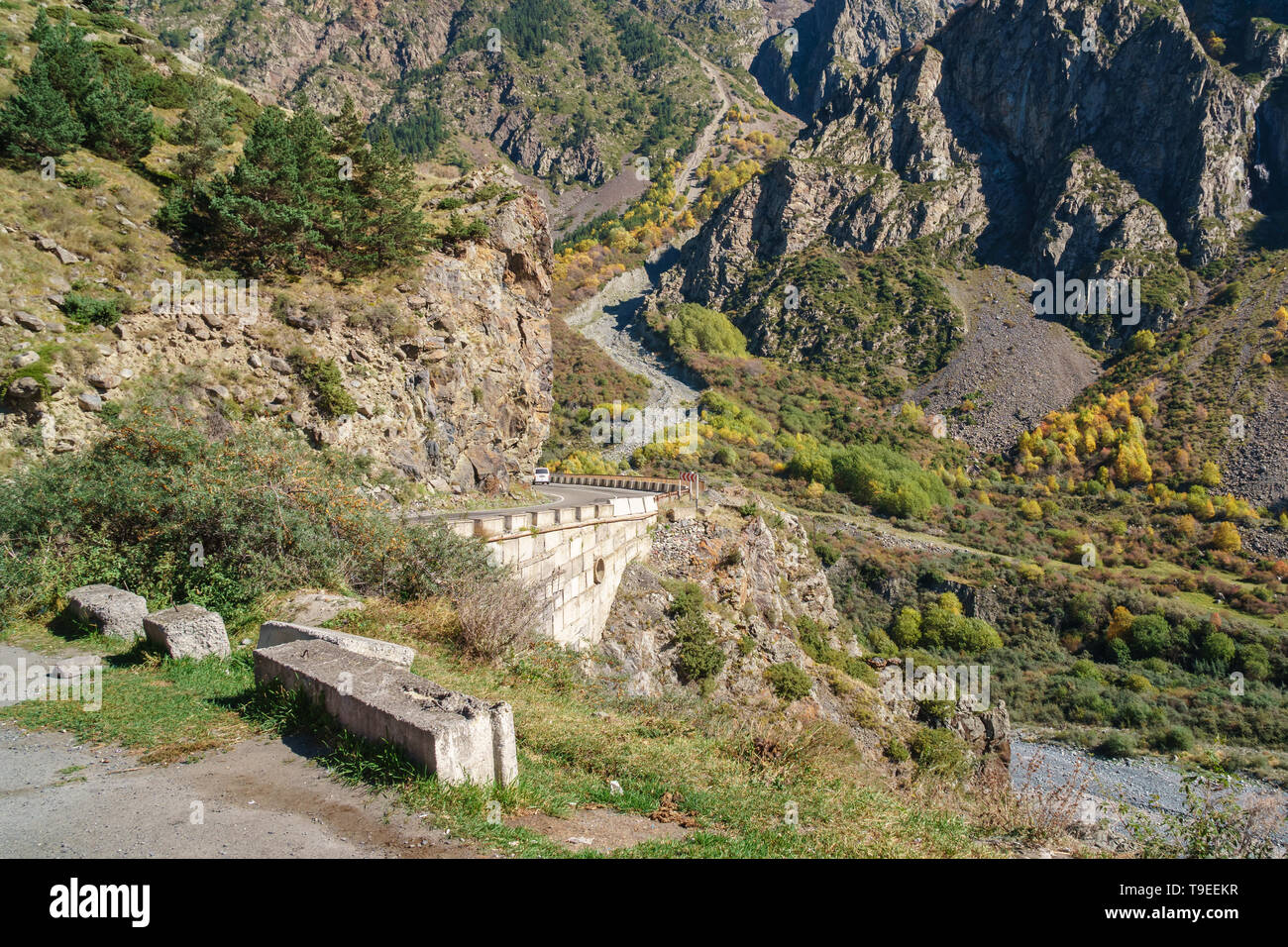 Schönen Herbst Landschaft in Daryal Schlucht, Herbst Farben in den Bergen von Georgien Stockfoto