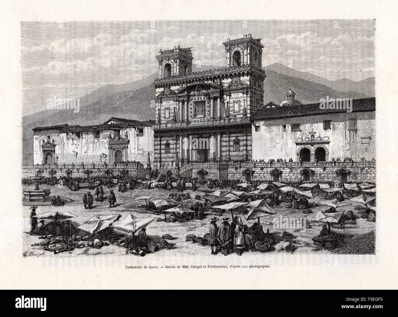 Blick auf La Catedral oder der Metropolitan Kathedrale von Quito, Ecuador im Jahr 1880 von der Tour du Monde Journal Stockfoto