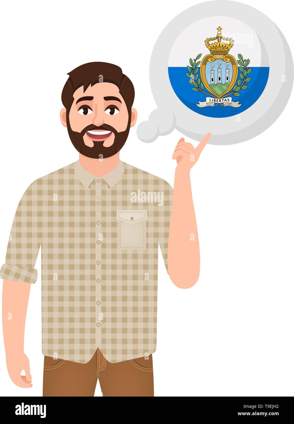 Happy bärtiger Mann sprechen oder denken über das Land, in San Marino, europäische Land, Symbol, Reisender oder touristische Vector Illustration Stock Vektor