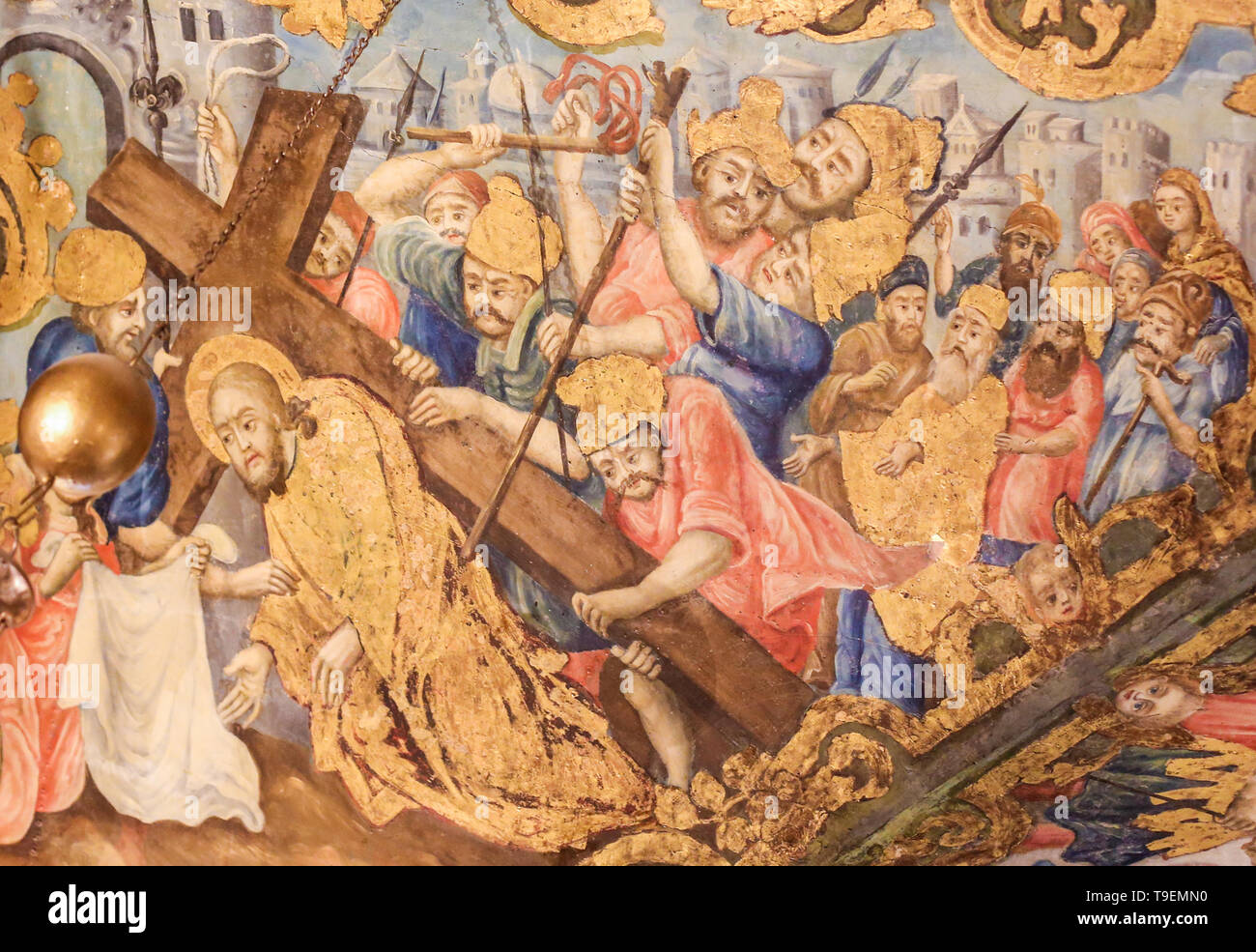Griechisch-orthodoxen Fresko in der Kirche des Heiligen Grabes in Jerusalem, die Jesus unter dem Kreuz auf der Via Dolorosa und Veroni Stockfoto
