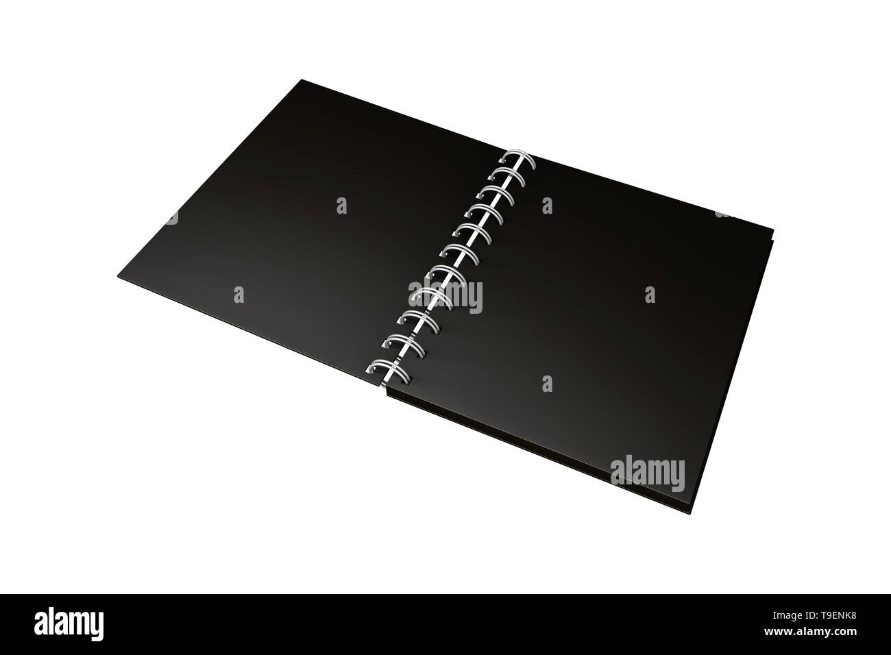 3D-Rendering, leeren schwarzen Mock up Spirale Notebook oder Kalender mit Schatten und kopieren Sie Raum für ihre Gestaltung, auf weißem Hintergrund. Stockfoto