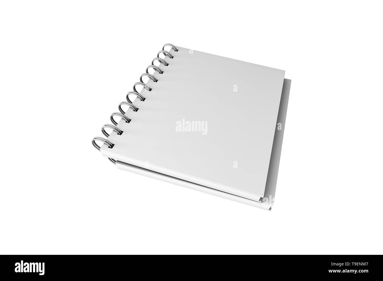 3D-Rendering, leere weiße Mock up Spirale Notebook mit Schatten und kopieren Sie Raum für ihre Gestaltung, auf weißem Hintergrund. Stockfoto