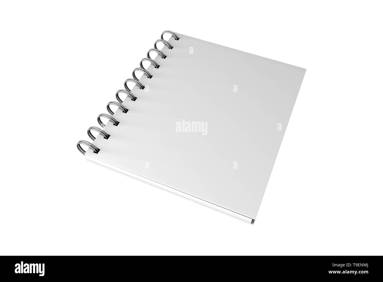 3D-Rendering, leere weiße Mock up Spirale Notebook mit Schatten und kopieren Sie Raum für ihre Gestaltung, auf weißem Hintergrund. Stockfoto