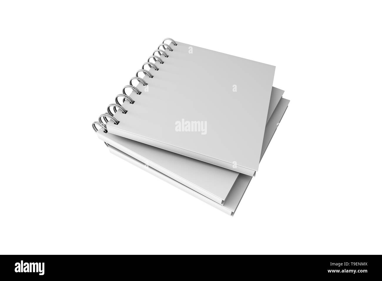 3D-Rendering, leere weiße Mock up Spirale Notebook mit Schatten und kopieren Sie Raum für ihre Gestaltung, auf weißem Hintergrund. Stockfoto
