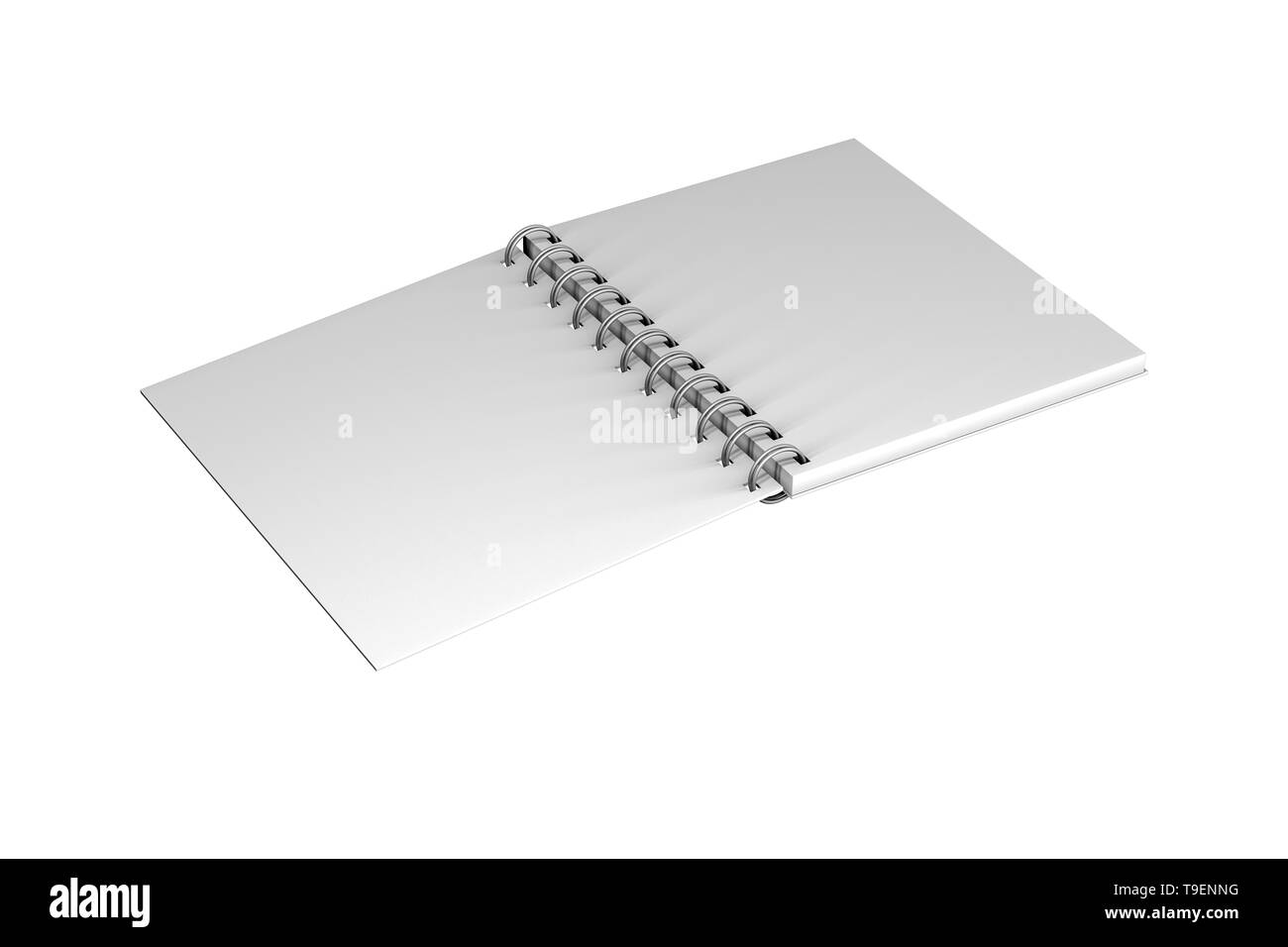 3D-Rendering, leere weiße Mock up Spirale Notebook mit Schatten und kopieren Sie Raum für ihre Gestaltung, auf weißem Hintergrund. Stockfoto