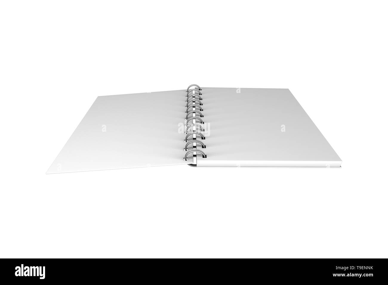3D-Rendering, leere weiße Mock up Spirale Notebook mit Schatten und kopieren Sie Raum für ihre Gestaltung, auf weißem Hintergrund. Stockfoto