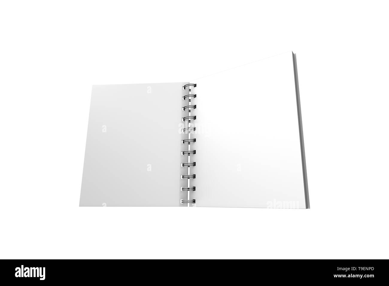 3D-Rendering, leere weiße Mock up Spirale Notebook mit Schatten und kopieren Sie Raum für ihre Gestaltung, auf weißem Hintergrund. Stockfoto