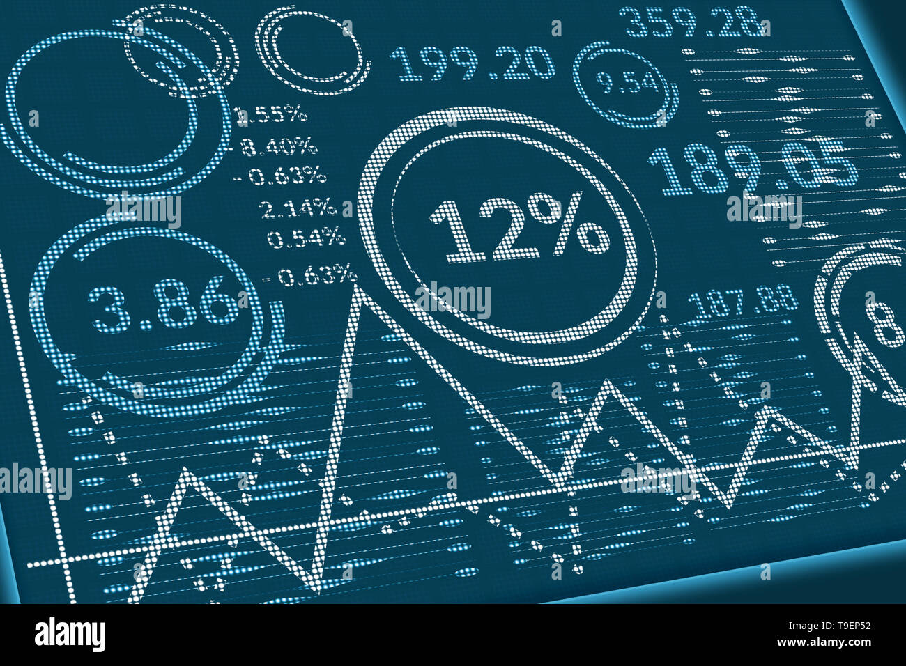 Geschäftsdaten auf Pixel angezeigt. Perspektivische Ansicht des Computers überwachen oder Informationen Tabelle mit Grafiken, Diagramme, Koeffizienten, Grafiken und Symbole Stockfoto