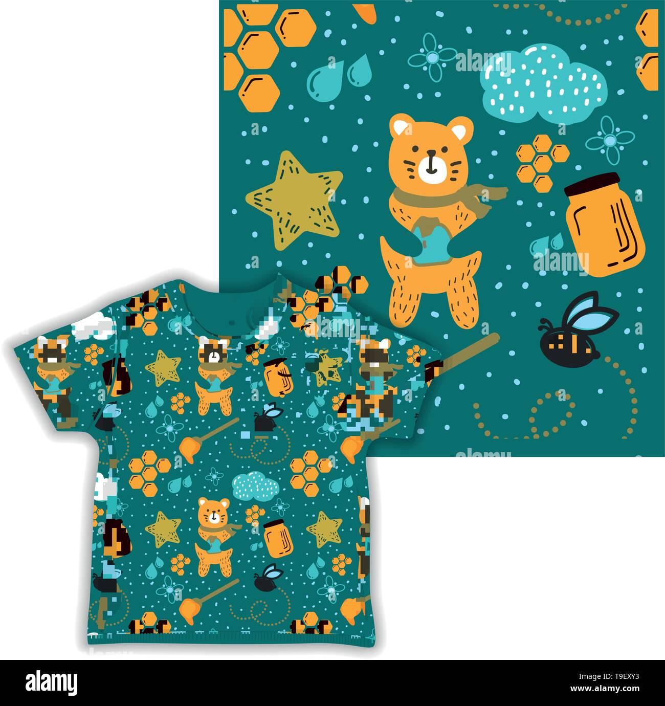 Cute Honey Bear Seamless Pattern Print shirt fabric Vector Illustration Stock Vektor