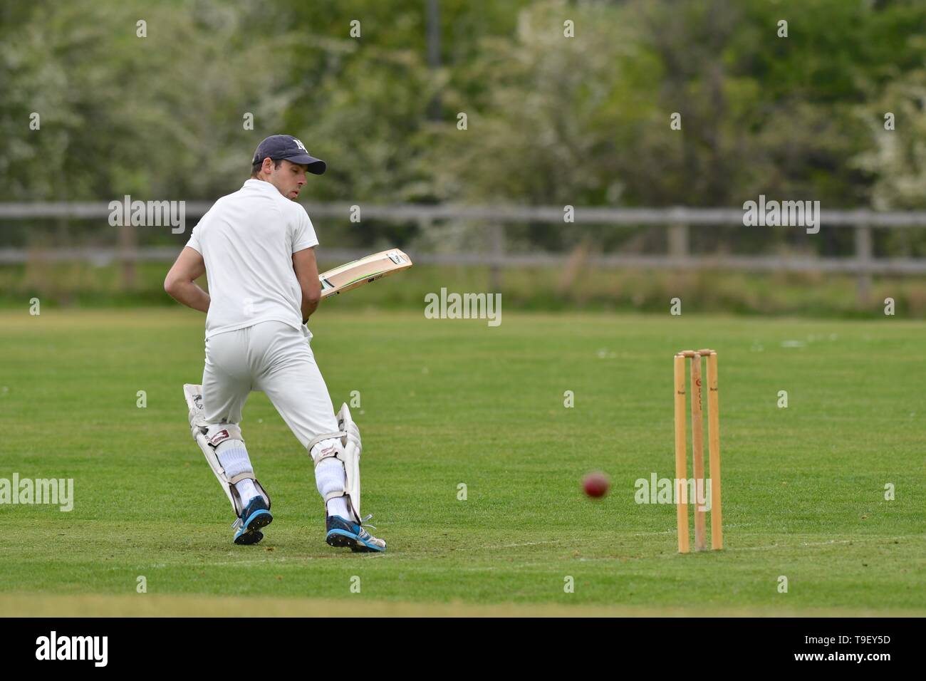 Kricket Aktion aus dem Derbyshire und Cheshire Cricket Liga Match zwischen Birch Vale und Thornsett und Hazel Grove. Stockfoto