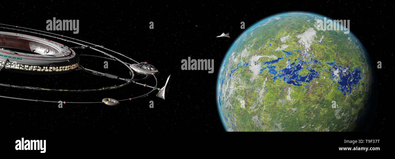 Raumstation im Orbit des Planeten einen fremden Planeten (3d-science fiction Rendern im Hintergrund Banner) Stockfoto