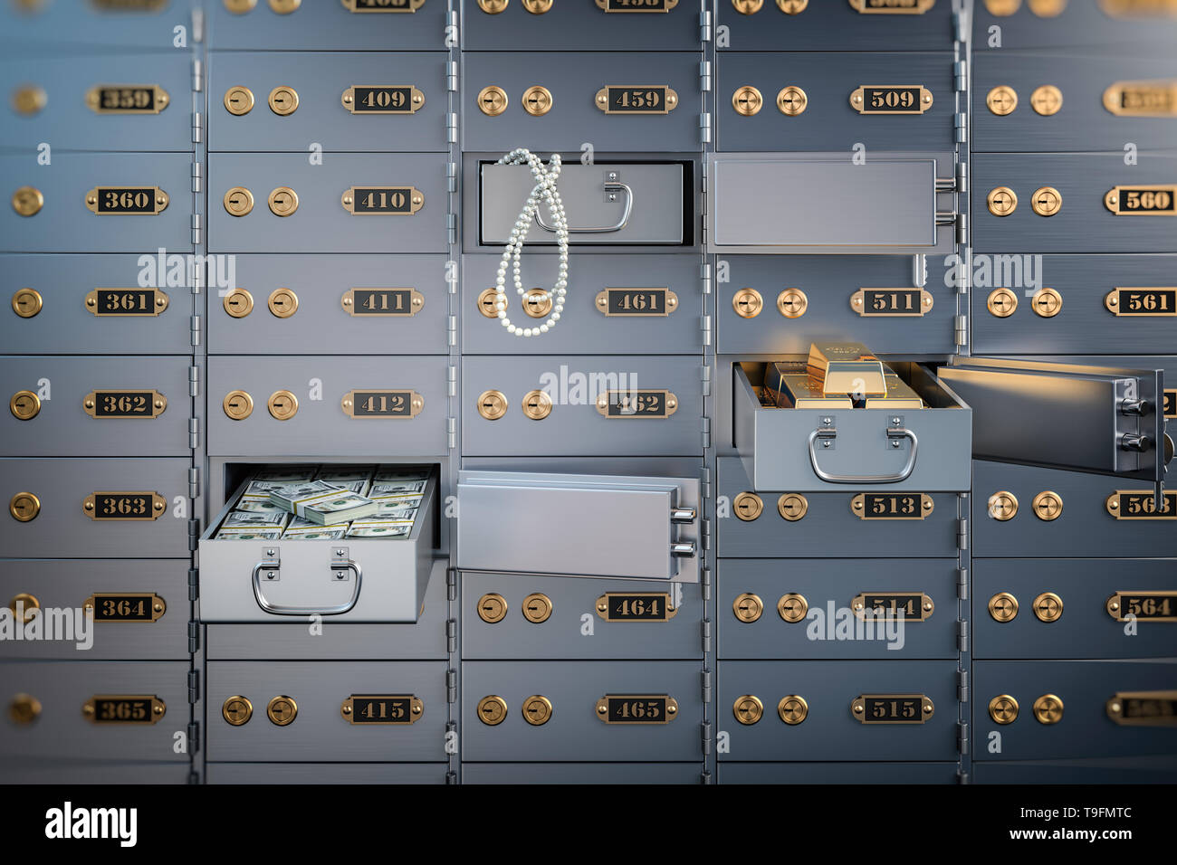 Safe mit Geld, Juwelen und goldenen Barren öffnen. Finanzielle Banking Investment Konzept. 3D-Darstellung Stockfoto