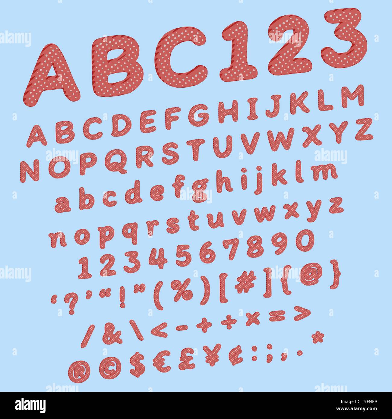 Comic Erdbeere Schriftart für Cartoon Abbildungen oder Flyer mit Tupfen und Streifen retro Elemente Stock Vektor