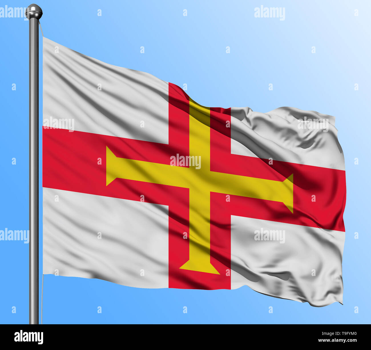 Guernsey Flagge schwenkten in den tiefblauen Himmel Hintergrund. Isolierte nationale Flagge. Makro-ansicht erschossen. Stockfoto