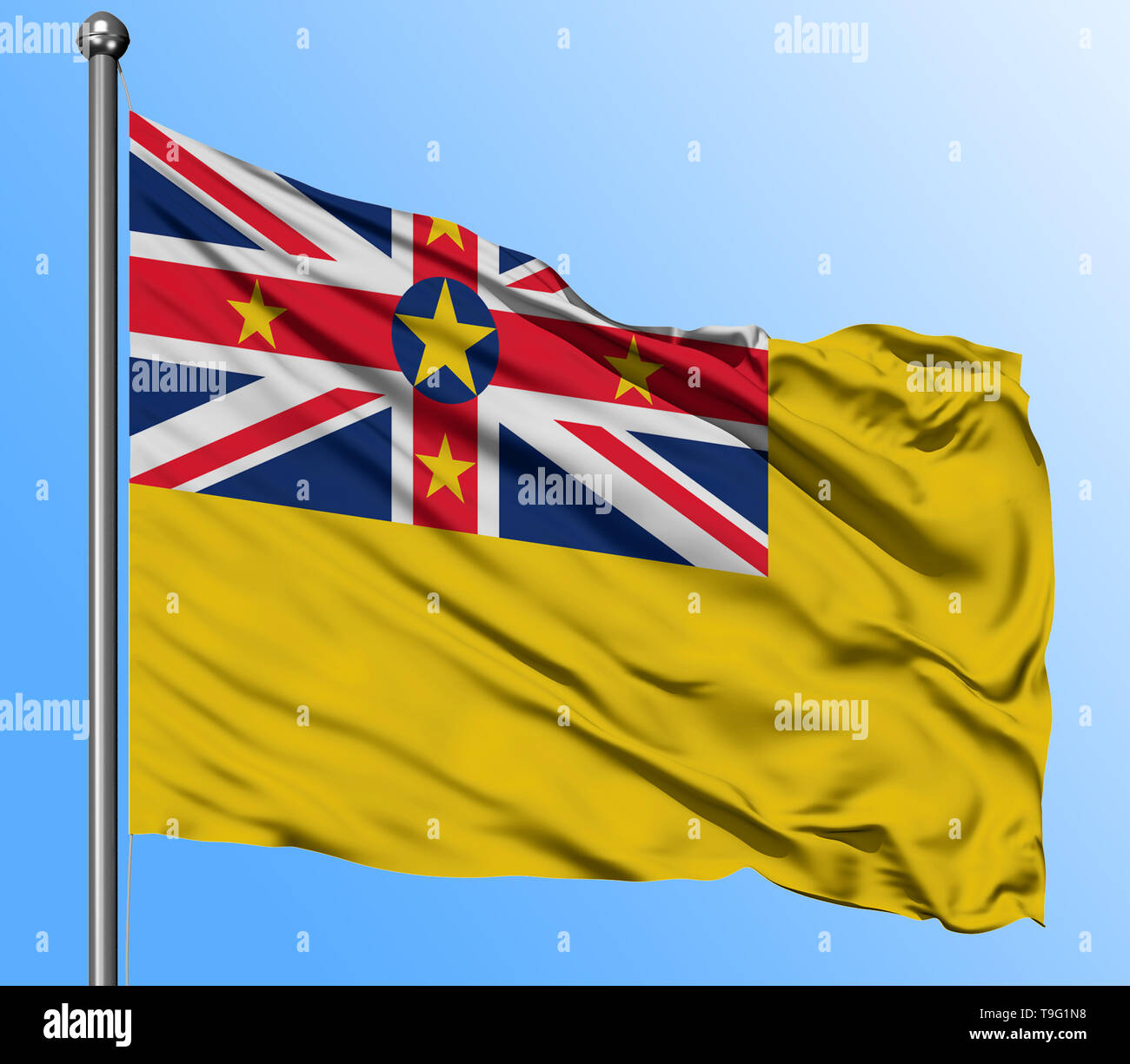 Niue Fahne winken in den tiefblauen Himmel Hintergrund. Isolierte nationale Flagge. Makro-ansicht erschossen. Stockfoto