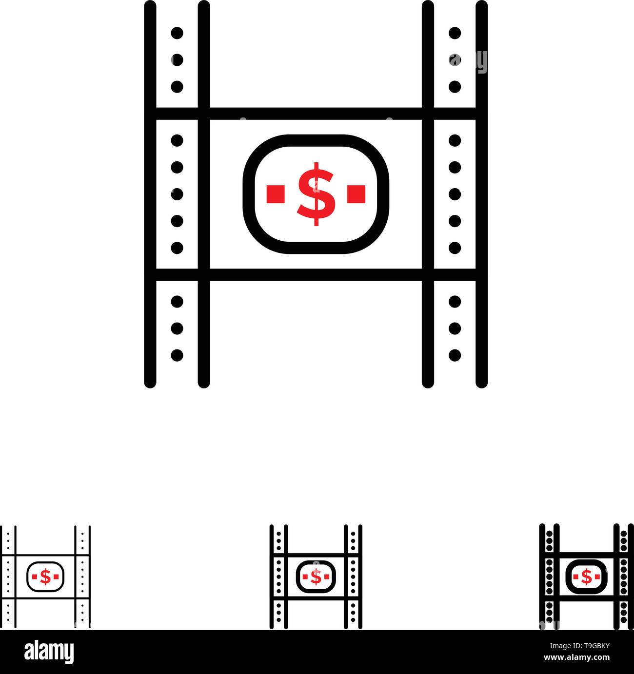Budget, Kosten, Film, Geld, Film Bold und dünne schwarze Linie Icon Set Stock Vektor