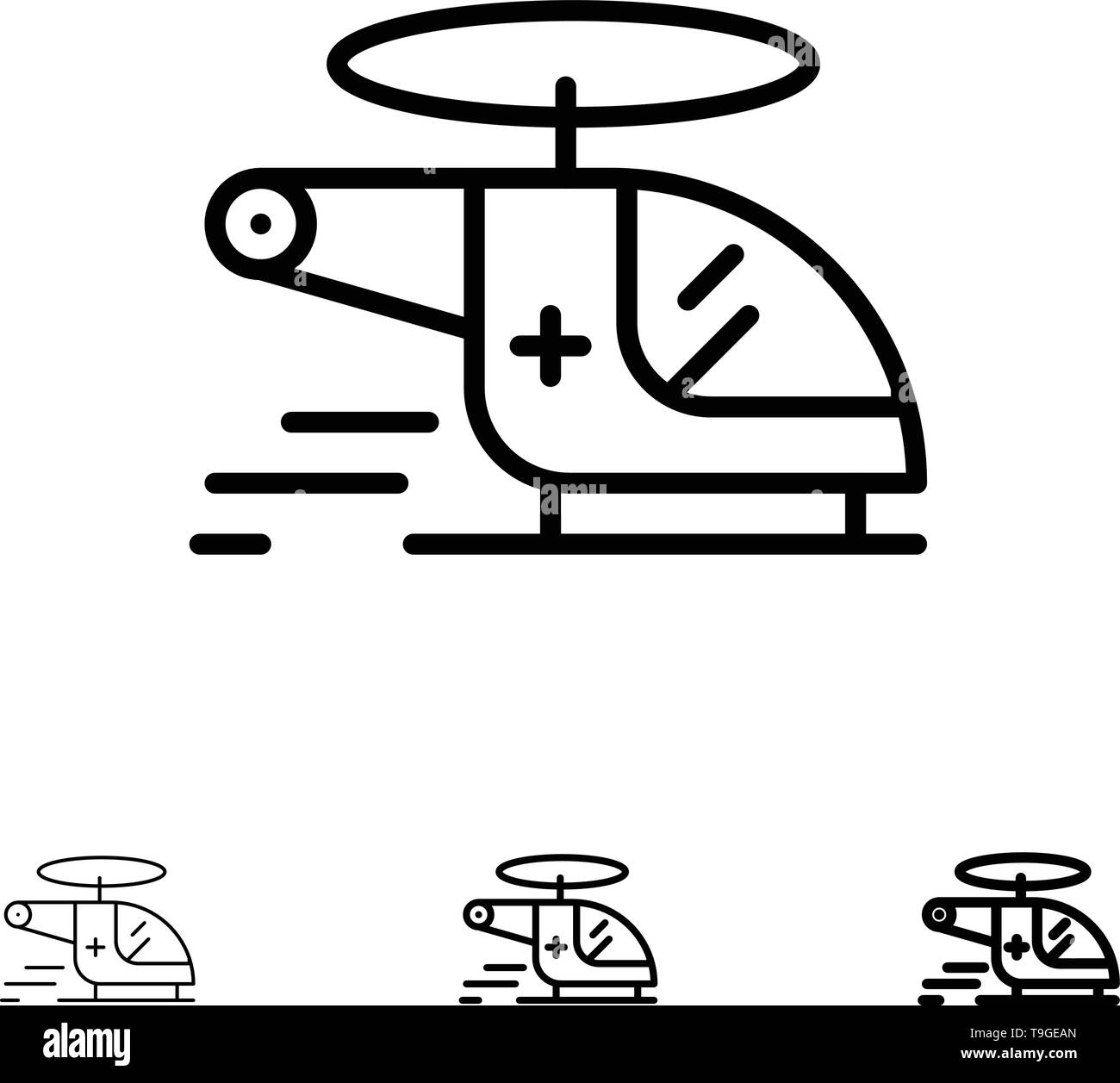 Hubschrauber, Häcksler, Medizinische, Krankenwagen, Fett und dünne schwarze Linie Icon Set Stock Vektor
