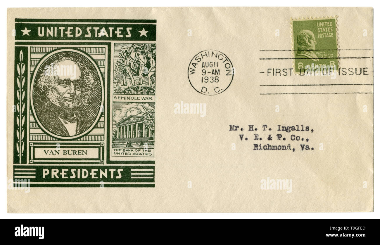 Washington D.C., USA - 11. August 1938: Uns historische Umschlag: Abdeckung mit Gütesiegel Porträt des 8. Präsident Martin Van Buren, grün Briefmarke Stockfoto