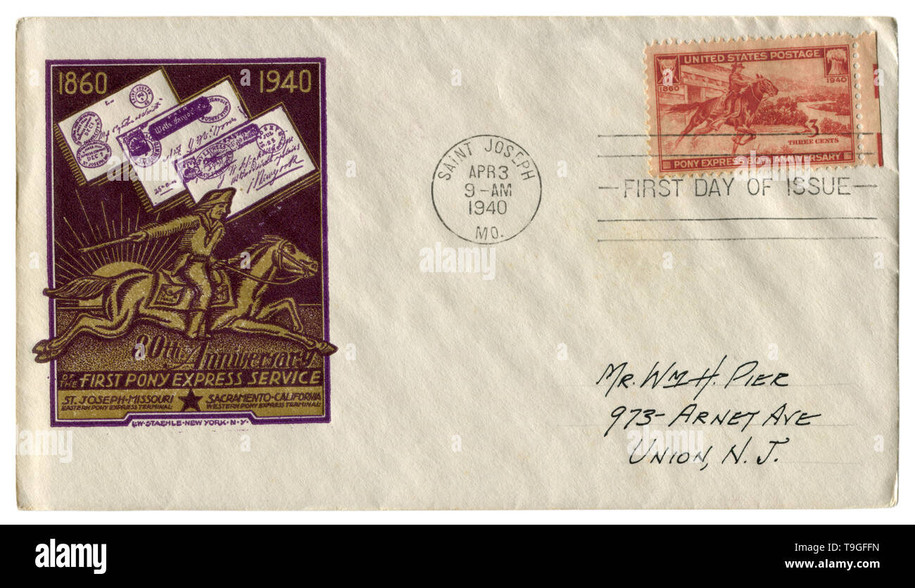 Saint Joseph, Missouri, USA - 3. April 1940: Uns historische Umschlag: Abdeckung mit Gütesiegel 80. Jahrestag der ersten Pony Express Service, Stempel Stockfoto