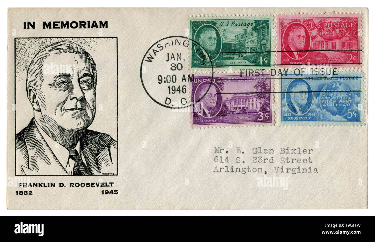 Washington D.C., USA, 30. Januar 1946: Uns historische Umschlag: Abdeckung mit Gütesiegel Porträt der 32. Präsident Franklin Delano Roosevelt, vier Stams Stockfoto