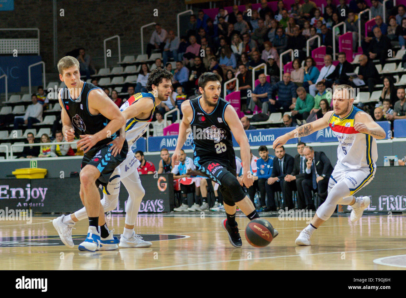 Andorra La Vella, Andorra Spieler in Aktion in der Liga ACB Endesa Übereinstimmung zwischen Mora Banc Andorra BC und CB Breogan, Endstand 91 - 87, am 18. Mai 2019 Stockfoto