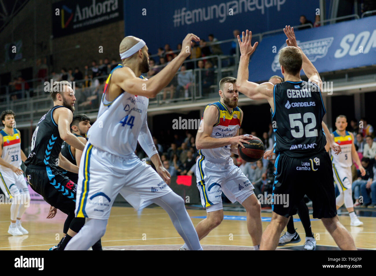 Andorra La Vella, Andorra Spieler in Aktion in der Liga ACB Endesa Übereinstimmung zwischen Mora Banc Andorra BC und CB Breogan, Endstand 91 - 87, am 18. Mai 2019 Stockfoto