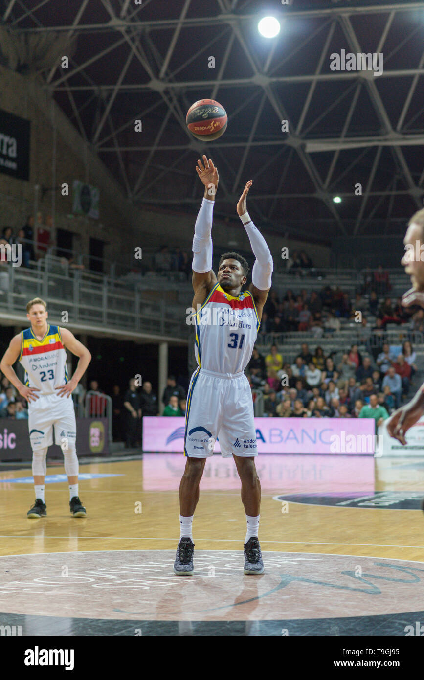 Andorra La Vella, Andorra Spieler in Aktion in der Liga ACB Endesa Übereinstimmung zwischen Mora Banc Andorra BC und CB Breogan, Endstand 91 - 87, am 18. Mai 2019 Stockfoto