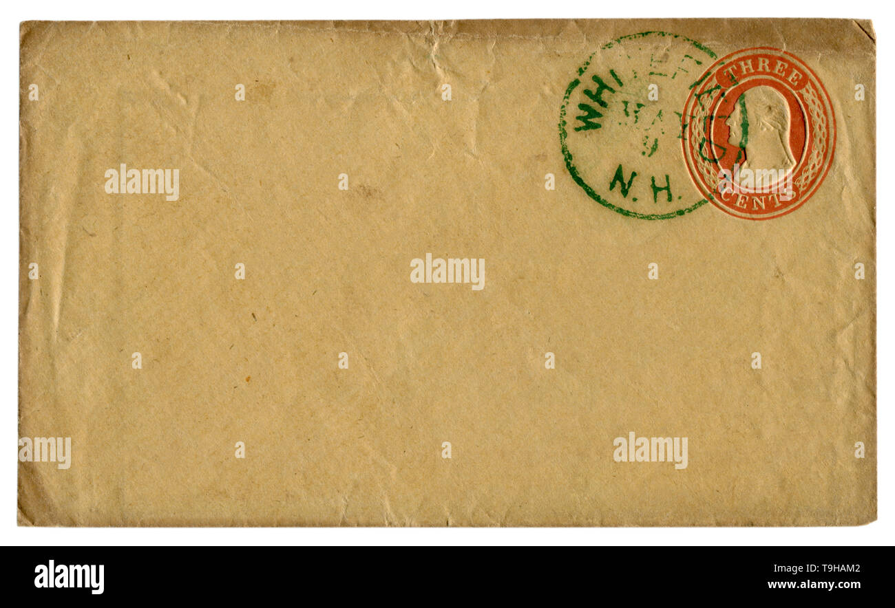 Whitefield, New Hampshire, USA - 9. Mai 1856: Uns historische Umschlag: Deckel mit geprägtem Aufdruck rot Stempel, drei Cent George Washington Stempel Stockfoto
