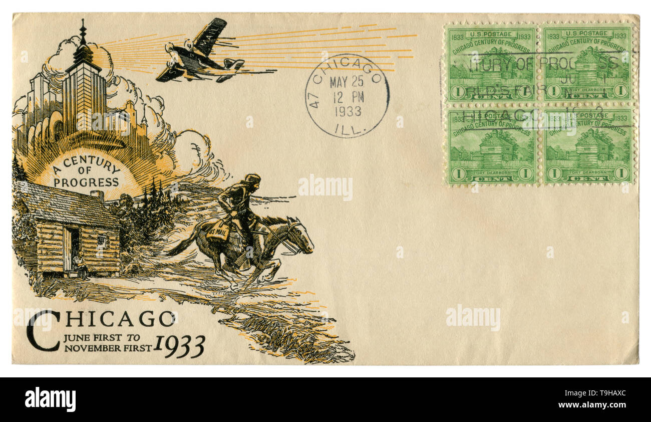 Chicago, Illinois, USA - 25. MAI 1933: Uns historische Umschlag: Abdeckung mit Kunst Gütesiegel ein Jahrhundert des Fortschritts, vier grüne Briefmarken einen Cent Stockfoto