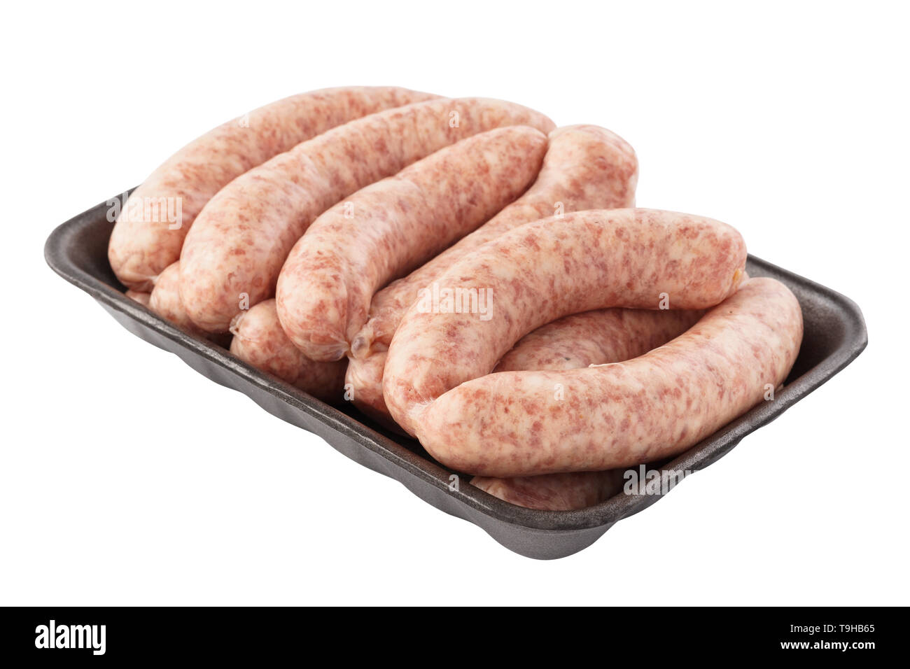 Paket von rohem Rind- oder Schweinefleisch Würstchen auf weißem Hintergrund. Stockfoto