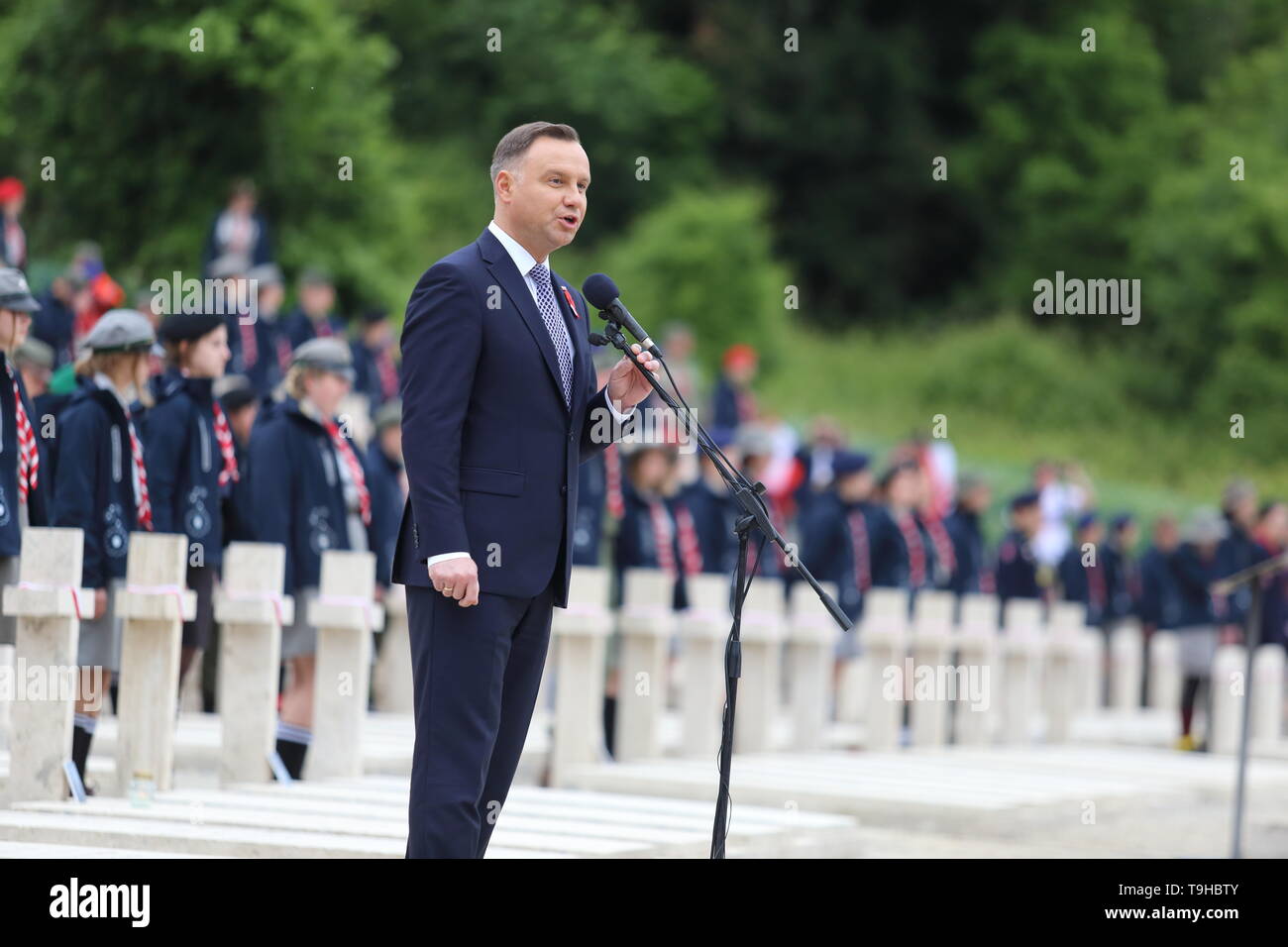 Cassino, Italien, 18. Mai 2019: Die Rede des Präsidenten der Republik Polen Andrzej Duda im polnischen Soldatenfriedhof für das 75-jährige Jubiläum der Schlacht von Montecassino Stockfoto