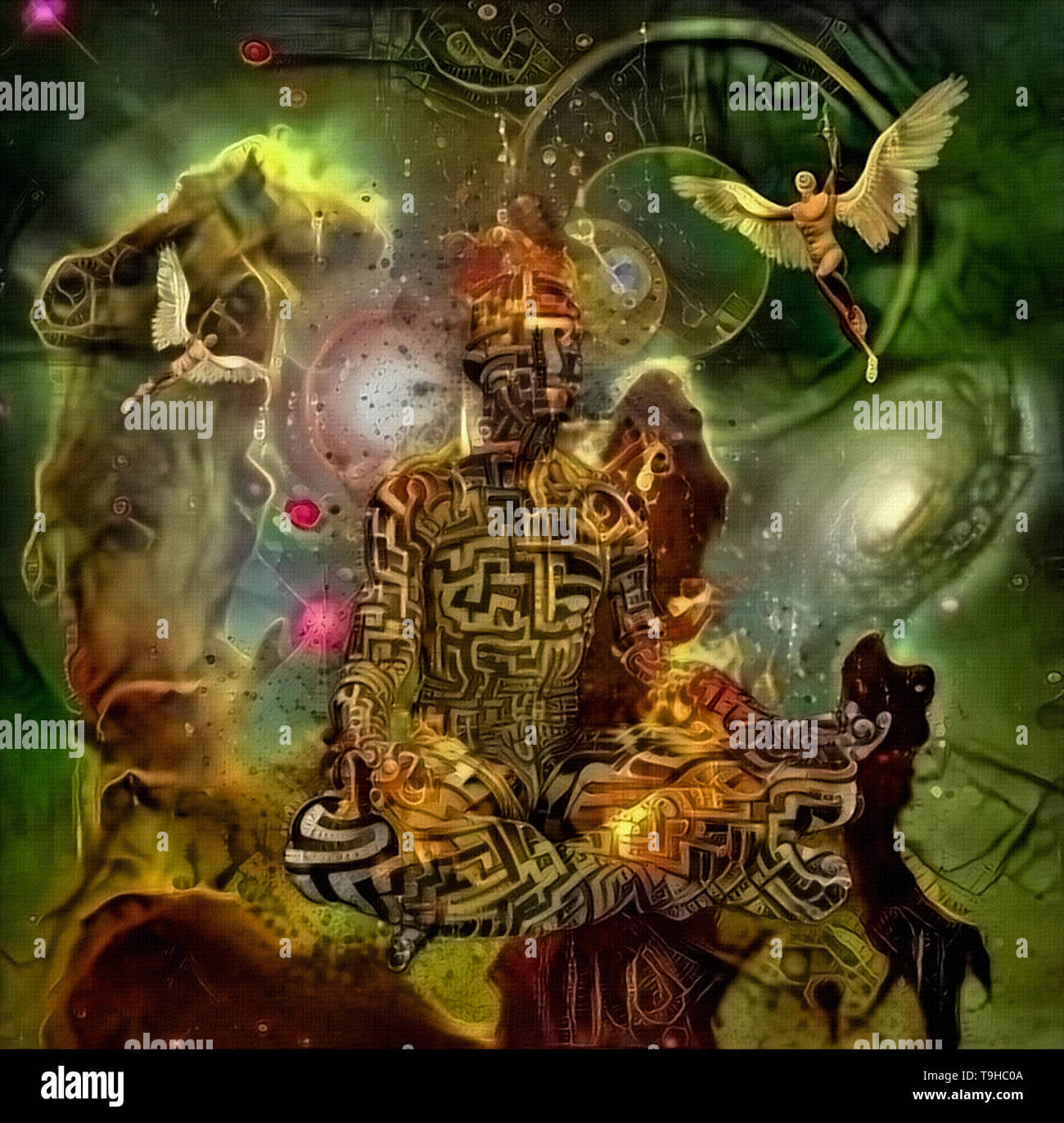 Spirituelle abstrakter Malerei. Abbildung der Mann mit Labyrinth Muster im Lotussitz in Flammen. Engel fliegen in surrealen Raum Stockfoto