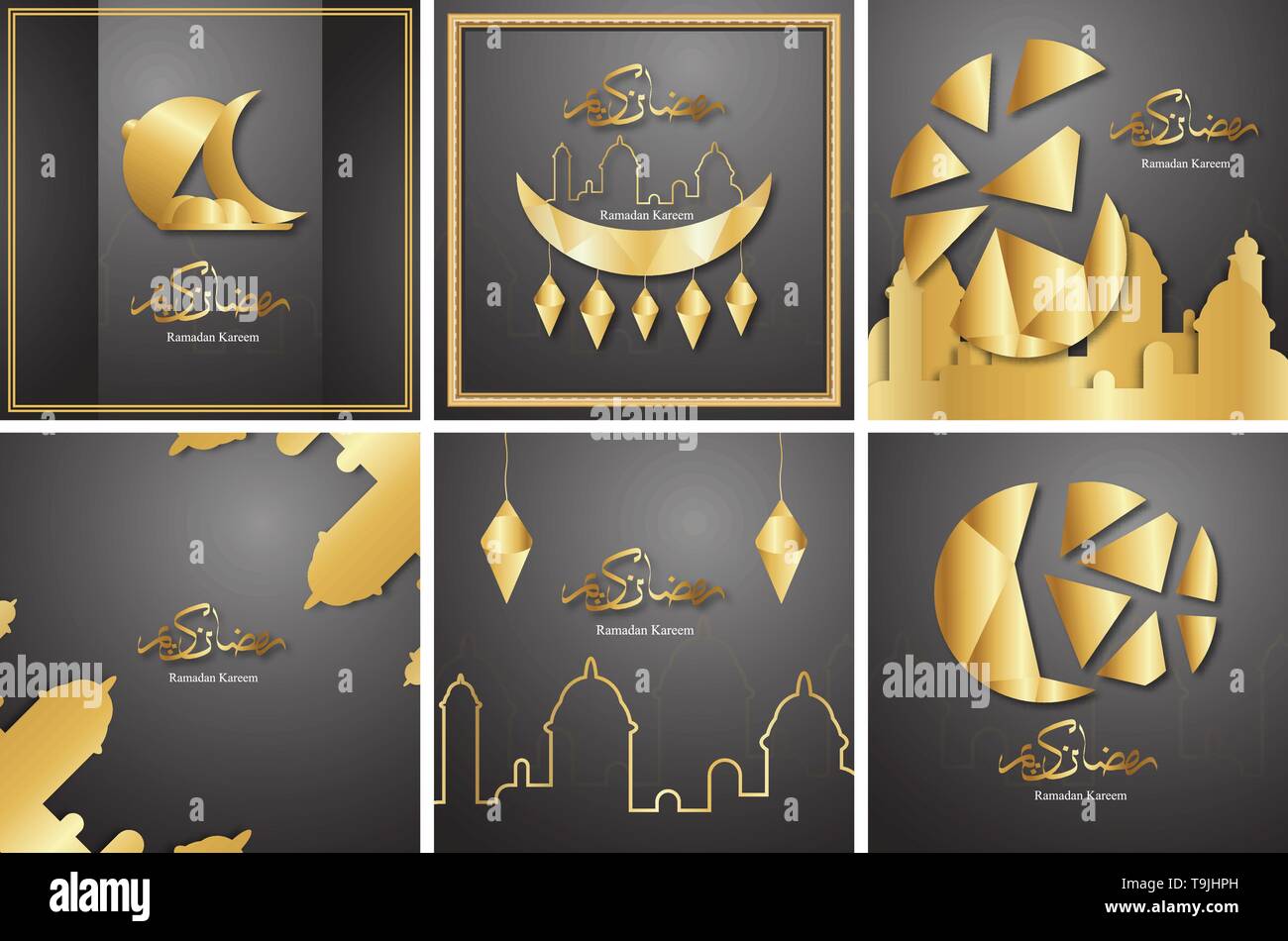 Bundle Vorlage für Ramadan Kareem mit Schwarz und Gold Farbe. 3D-Vektor Design in Papier geschnitten und Handwerk für islamische Grusskarten, Einladung, Buch cov Stock Vektor