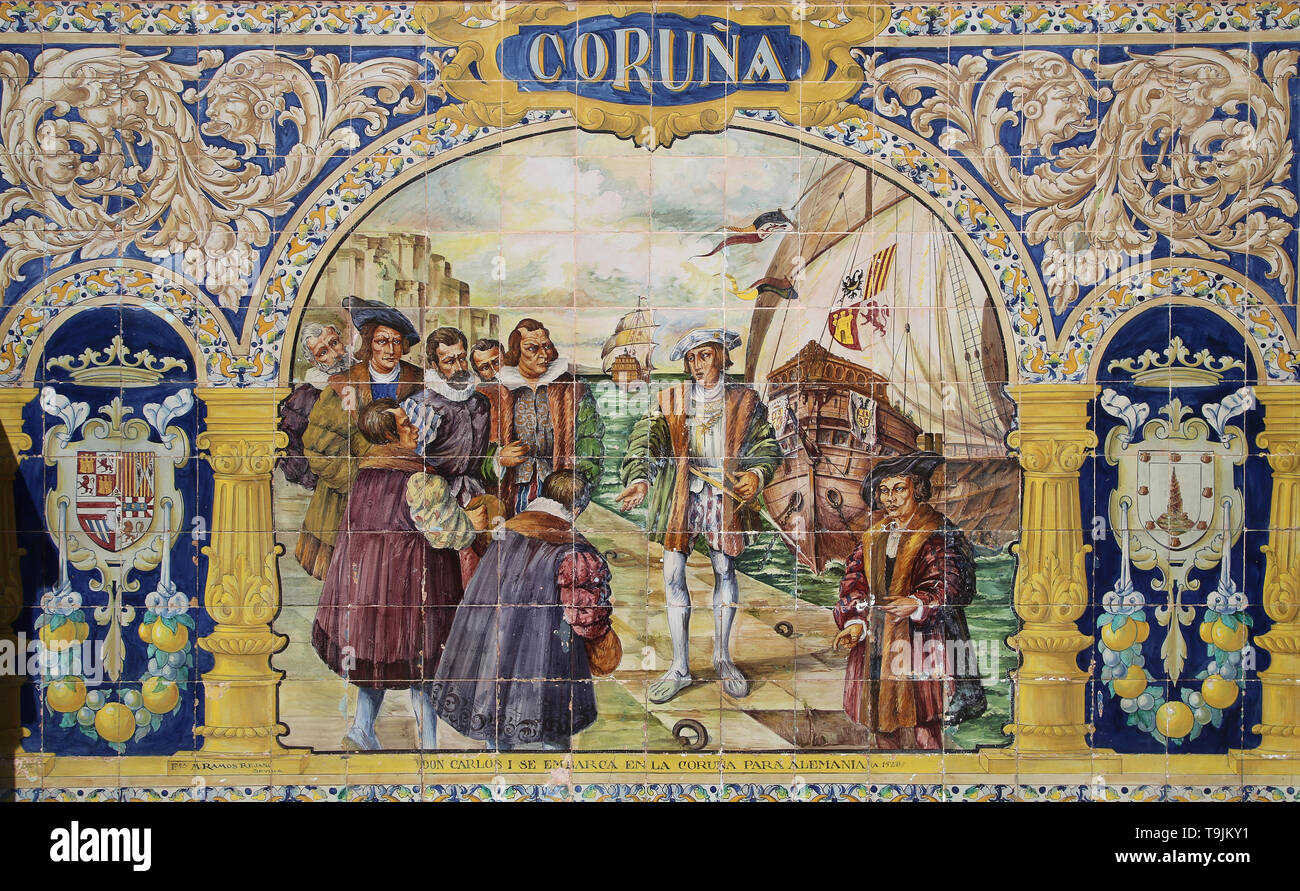 La Coruña - ein. Kaiser Karl V. (1500-1558) in 1520 Reiseland Deutschland. Fliesen. Spanien Square. Sevilla. Spanien. Detail. Stockfoto