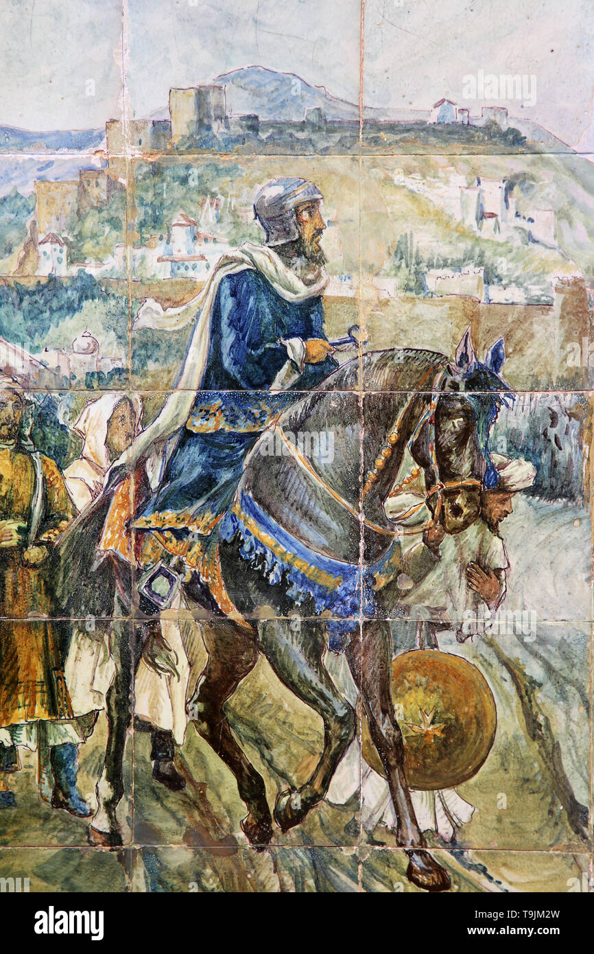 Die Kapitulation von Granada, 1492. Detail von Boabdil. Fliesen. Spanien Square. Sevilla. Spanien. Stockfoto