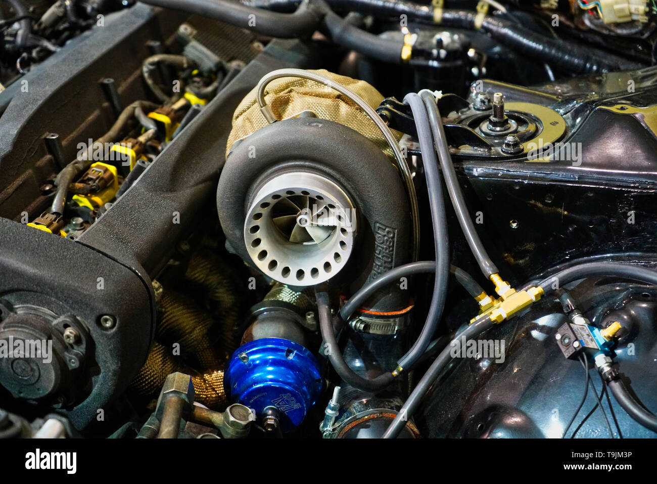 Laval, Kanada, 19. Mai 2019 Turbo Charger auf einem 4-Zylindermotor Laval, Quebec, Kanada. Credit: Mario Beauregard/Alamy leben Nachrichten Stockfoto